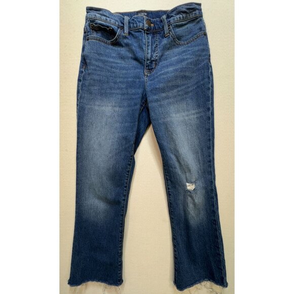 J. Crew Women's Flare Crop Jeans Mid Rise Frayed Hem Denim Sz 26 Blue Distressed - Picture 1 of 12